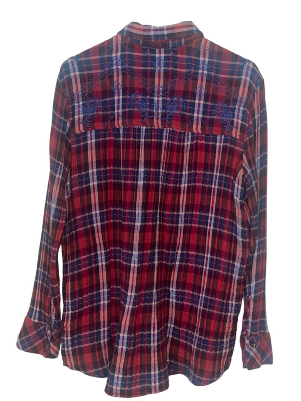 Free People “Magical” plaid button down embroidered shirt. Size large GUC - Picture 5 of 8